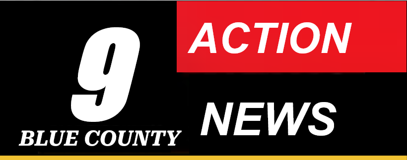 Channel 9 Action news logo, Black backround, Upper right is red, all white text, Small line on bottom thats yellow, 9 Blue county news in the black, Action on the red, Rectangle,